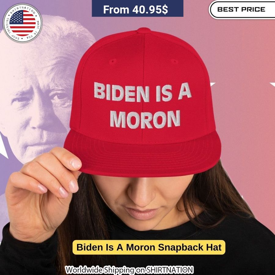 Bold "Biden Is A Moron" text on a classic snapback hat makes a strong political statement.