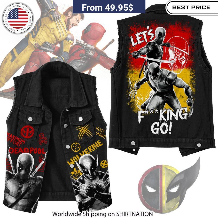 Deadpool Wolverine Let's Fucking Go Sleeveless Denim Jacket Unisex Style