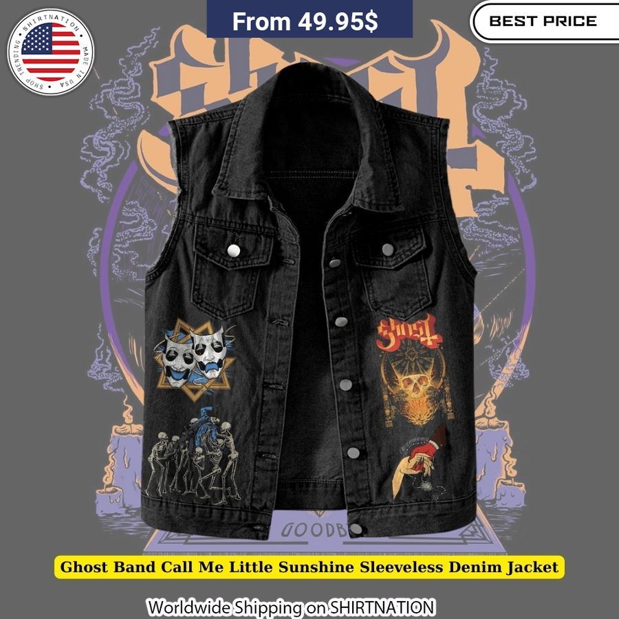 Vintage-Inspired Ghost Band Call Me Little Sunshine Sleeveless Denim Jacket