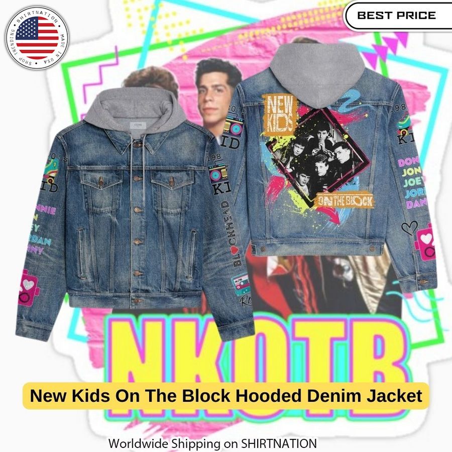 Vintage-inspired NKOTB hooded denim jacket with bold back graphic print.