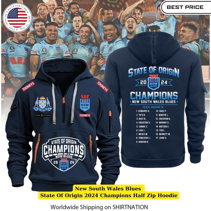 Unisex New South Wales Blues State Of Origin 2024 Champions Half Zip Hoodie