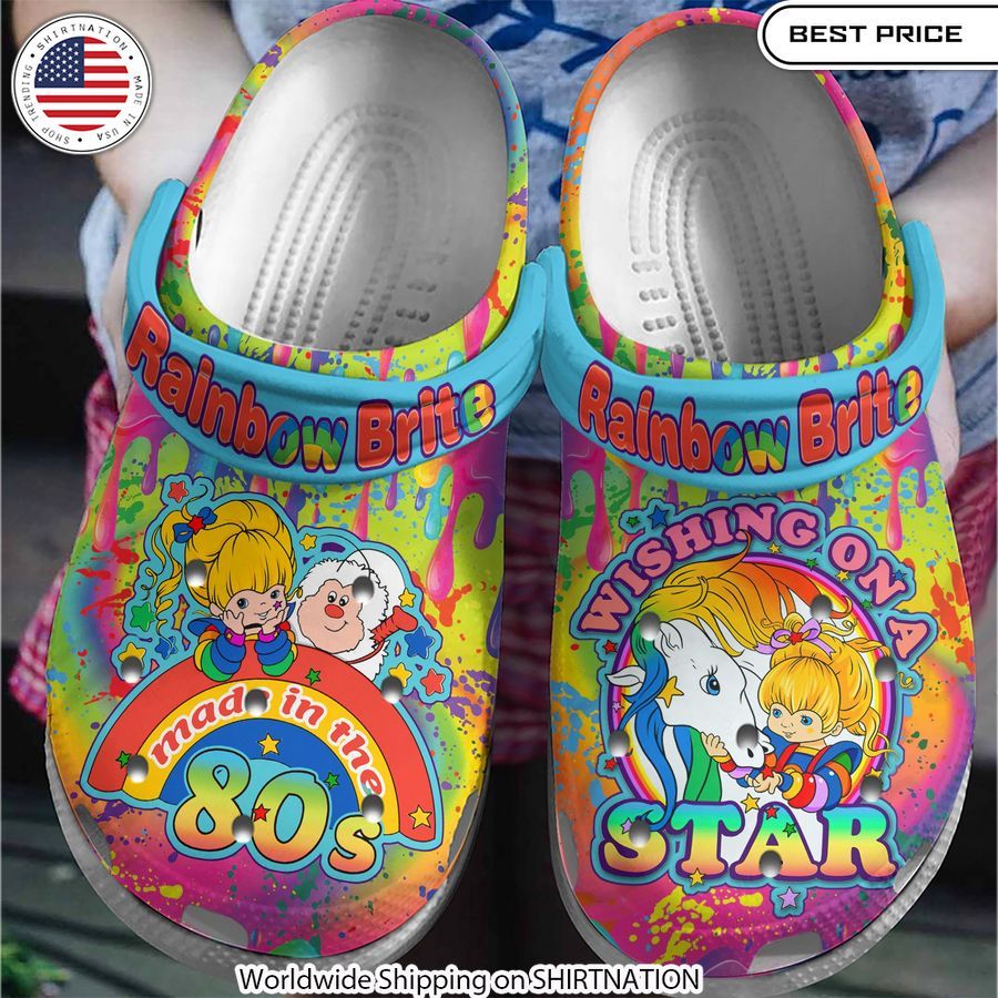 Vibrant and nostalgic Rainbow Brite graphics adorn these comfortable Crocs Crocband shoes.