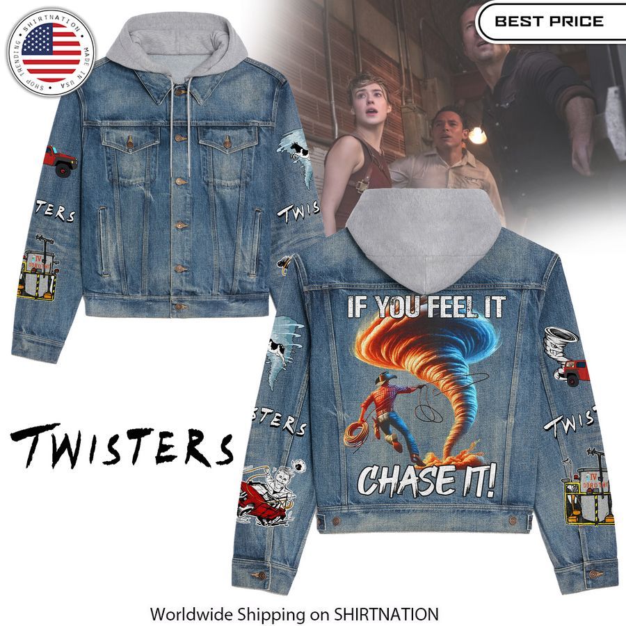 If You Feel It Chase It Twisters Hooded Denim Jacket Eye-catching