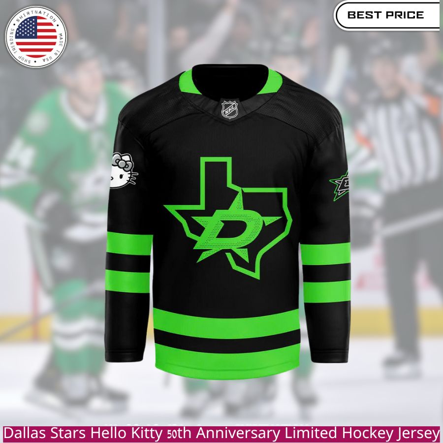 Dallas Stars Hello Kitty 50th Anniversary Limited Hockey Jersey a unique design , green and black colors,Hello Kitty graphic