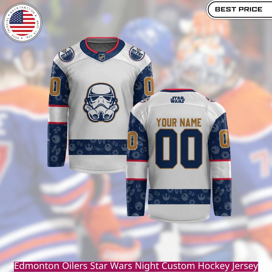 Edmonton Oilers Star Wars Night Custom Hockey Jersey the team's blue and orange colors with iconic Star Wars imagery