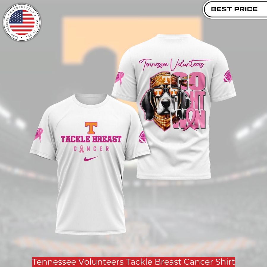 Tennessee Volunteers Tackle Breast Cancer Shirt, the pink ribbon symbol which is widely associated with breast cancer awareness campaigns.