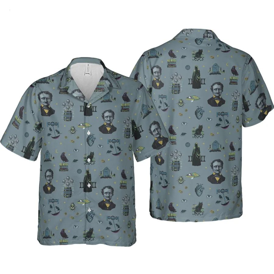 The Dark Themed Edgar Allan Poe Hawaiian Shirt tropical shirt style with macabre, literary elements, creating a unique homage